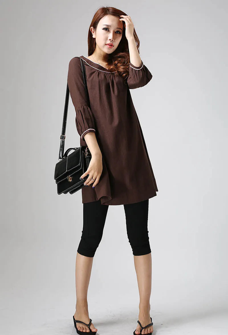 Handmade Brown Linen Tunic Dress – 3/4 Sleeve A-Line Mini Dress 