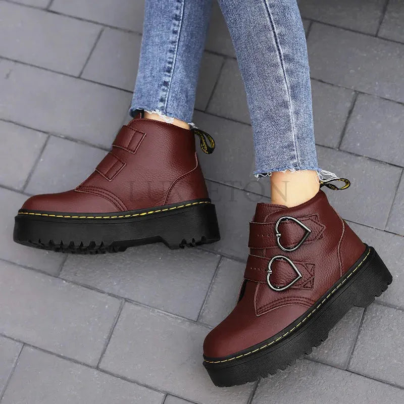Women's Ankle Boots – Leather, Heart-Shaped Buckles, Casual for Everyday Wear