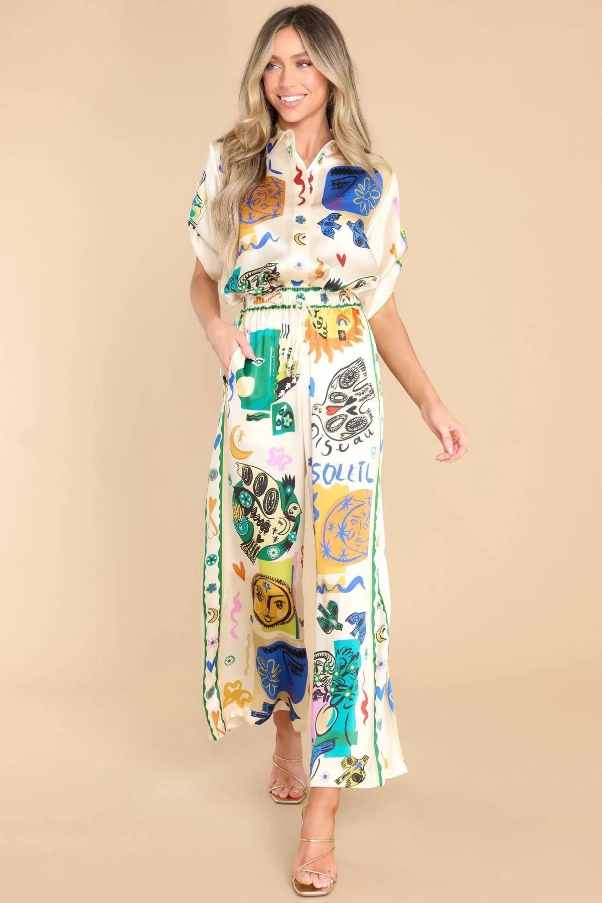 Oversized Ivory Print Shirt Pants Set