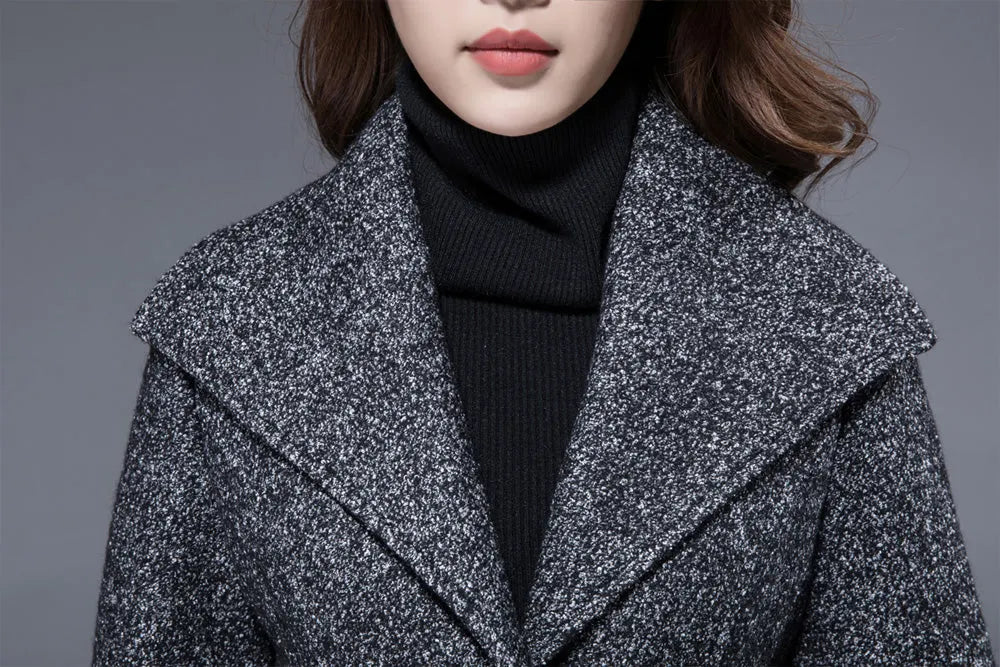 Xiaolizi Gray Wool Coat for Women – Handmade Midi Wool Blend Coat with Oversized Lapel Collar 1825
