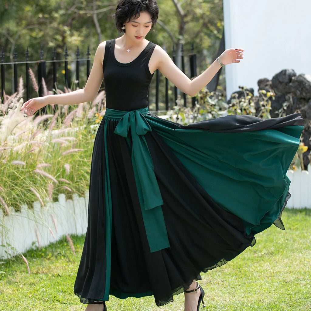 Black and Emerald Green Chiffon Maxi Skirt 