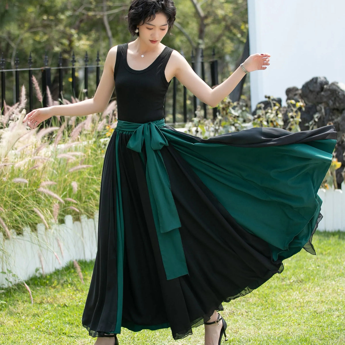 Black and Emerald Green Chiffon Maxi Skirt 
