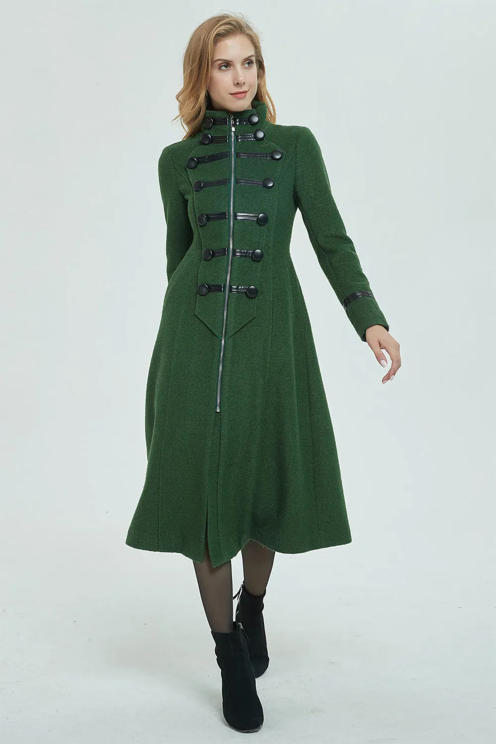 Vintage Wool Coat for Women – Handmade Green Military Style Long Winter Coat 