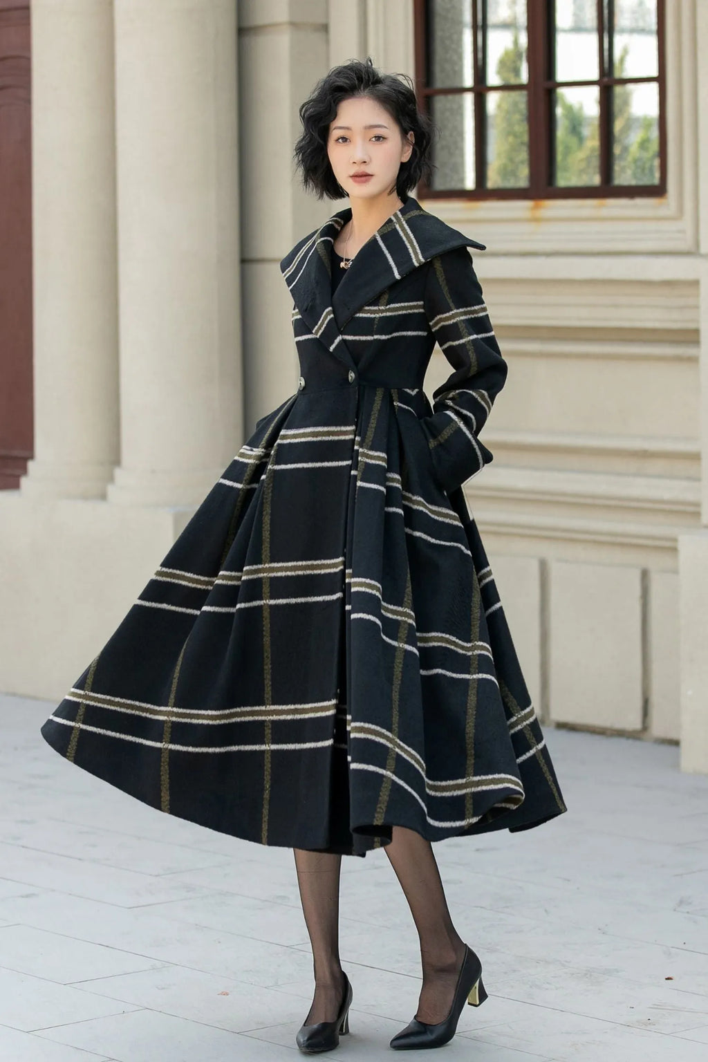 Black Wool Fit and Flare Coat - Double Breasted Stripe Design 5454