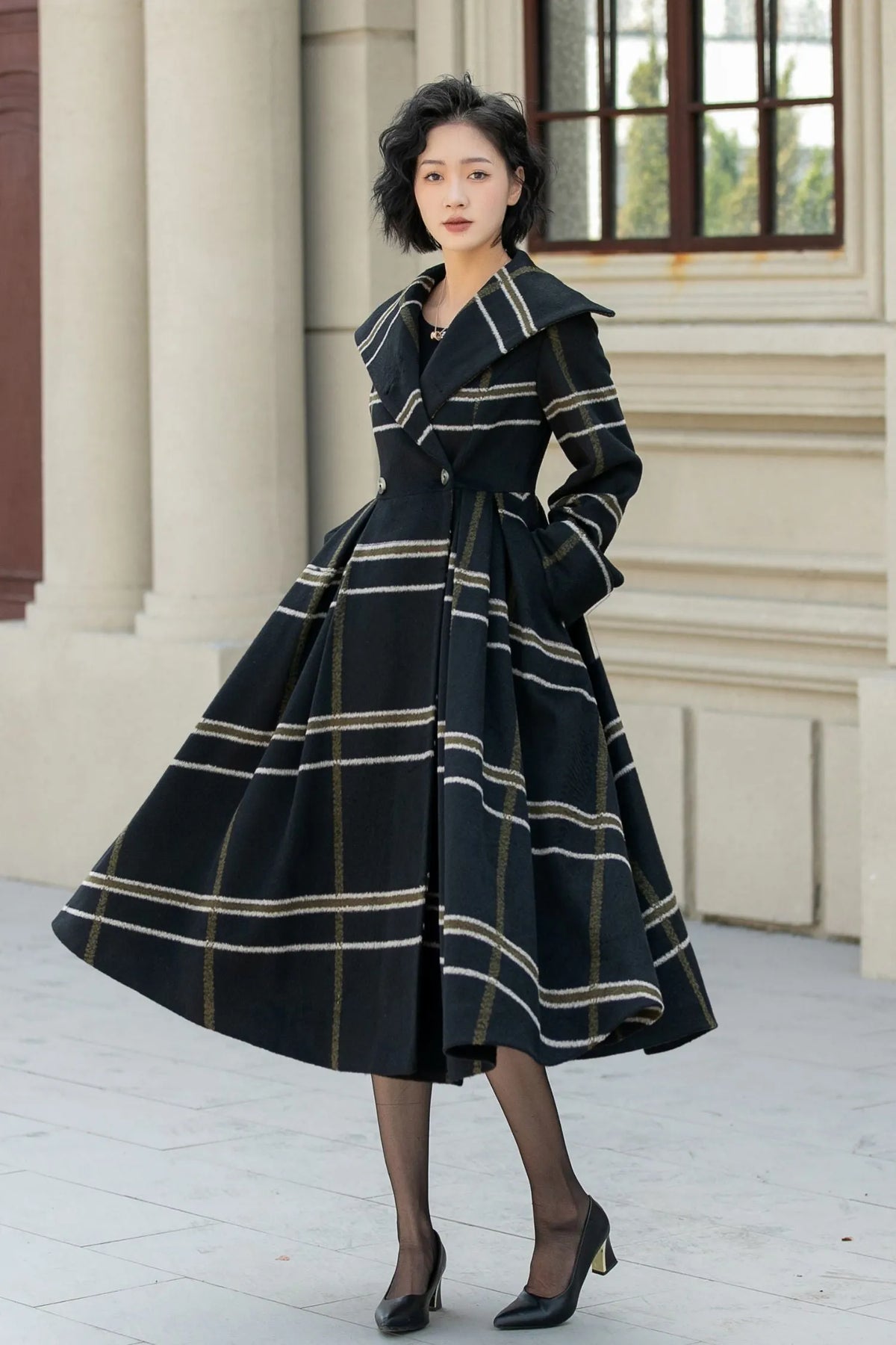 Black Wool Fit and Flare Coat - Double Breasted Stripe Design 5454