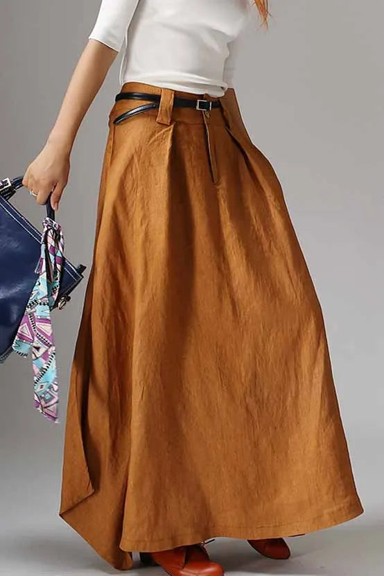 Women’s Handmade Linen Maxi Skirt – Brown Asymmetrical Bohemian Skirt 