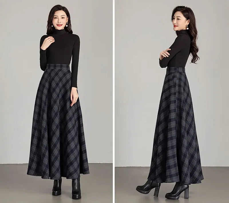 Black Wool Blend Maxi Skirt - A-Line Silhouette with Pockets 4672-5