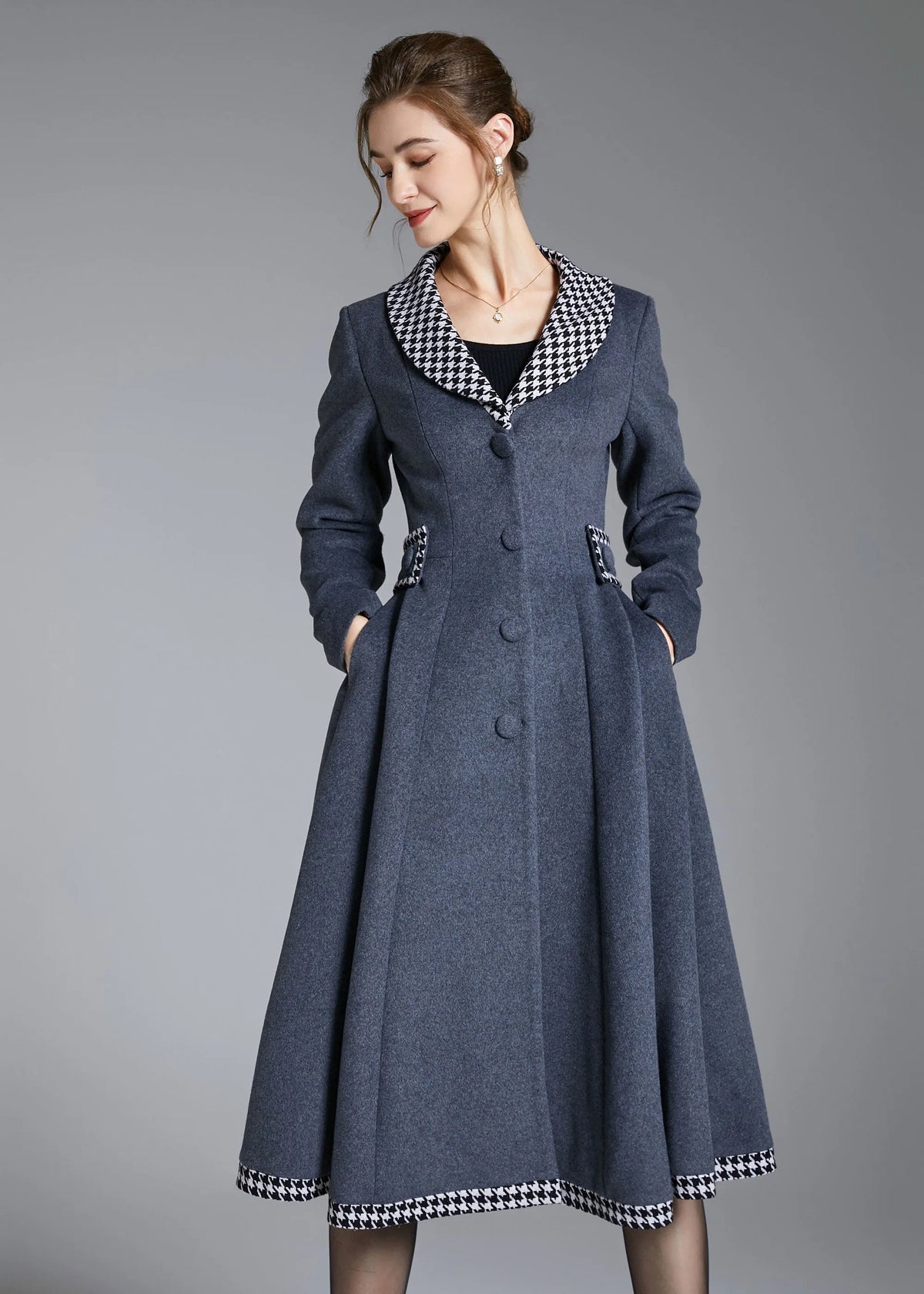 Gray Wool Coat with Houndstooth Trim – Elegant Fit & Flare Winter Coat 3871