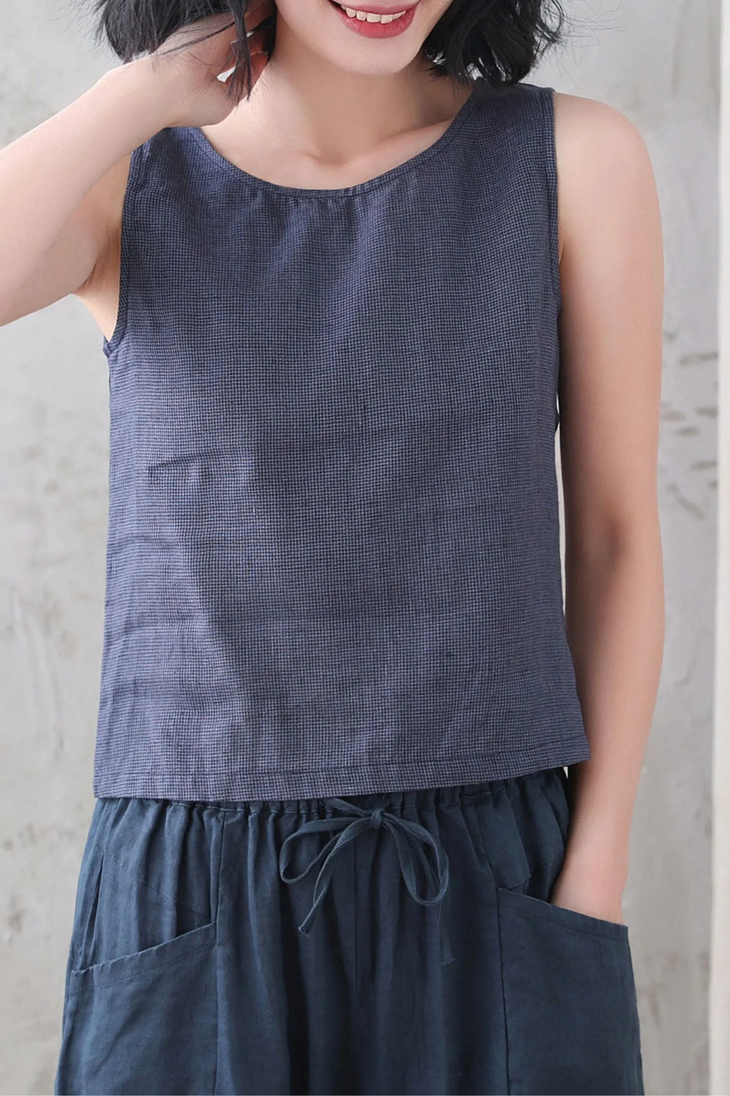 Blue Checked Linen Tank Top - Loose Fit with Scoop Neckline 3338