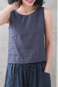 Blue Checked Linen Tank Top - Loose Fit with Scoop Neckline 3338