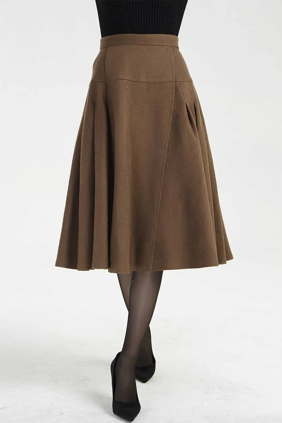 Brown Wool Midi Skirt - Pleated High Waist Flattering Fit 2005