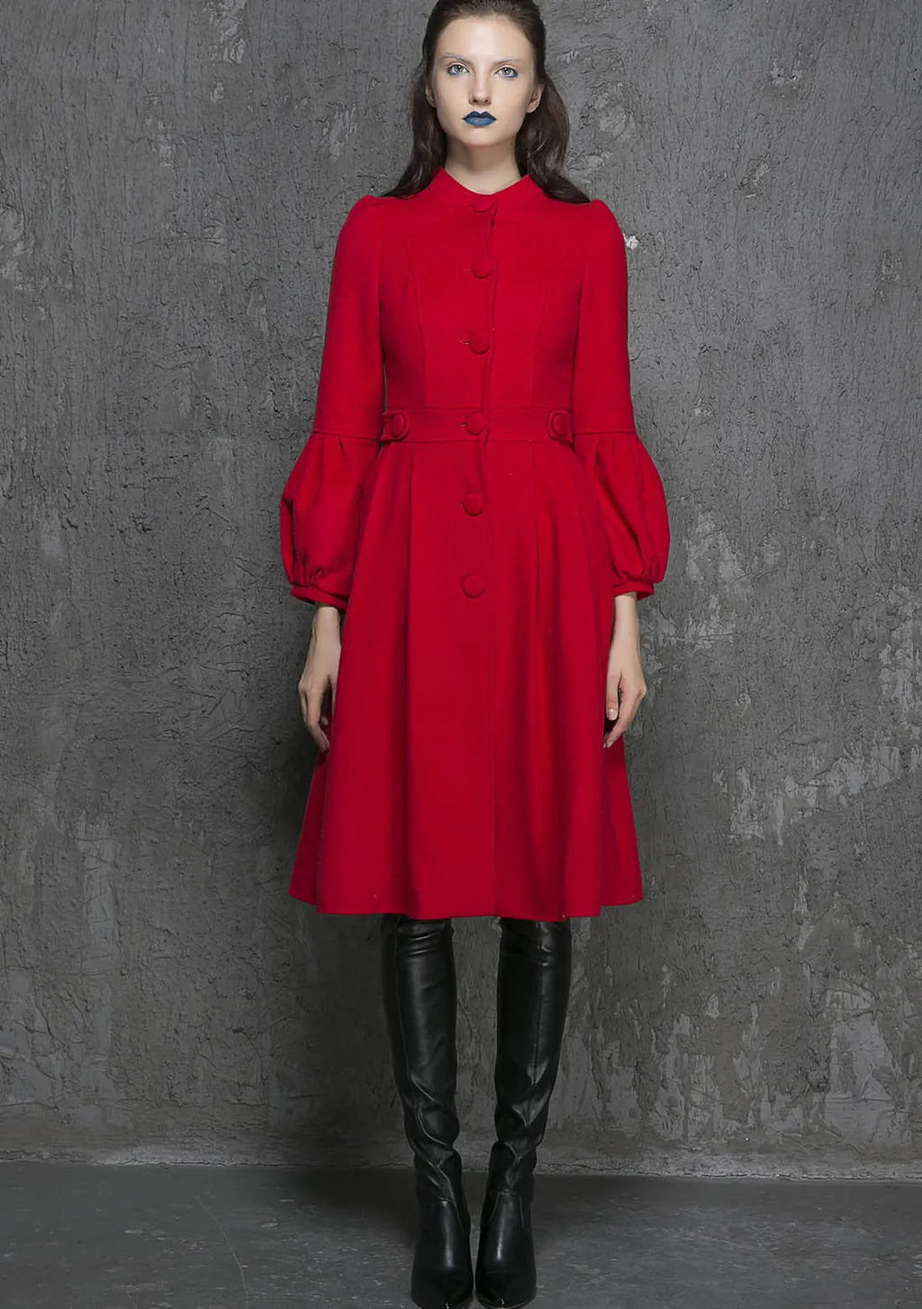 Women’s Red Wool Coat – Handmade Vintage Pleated Winter Dress Coat 1330