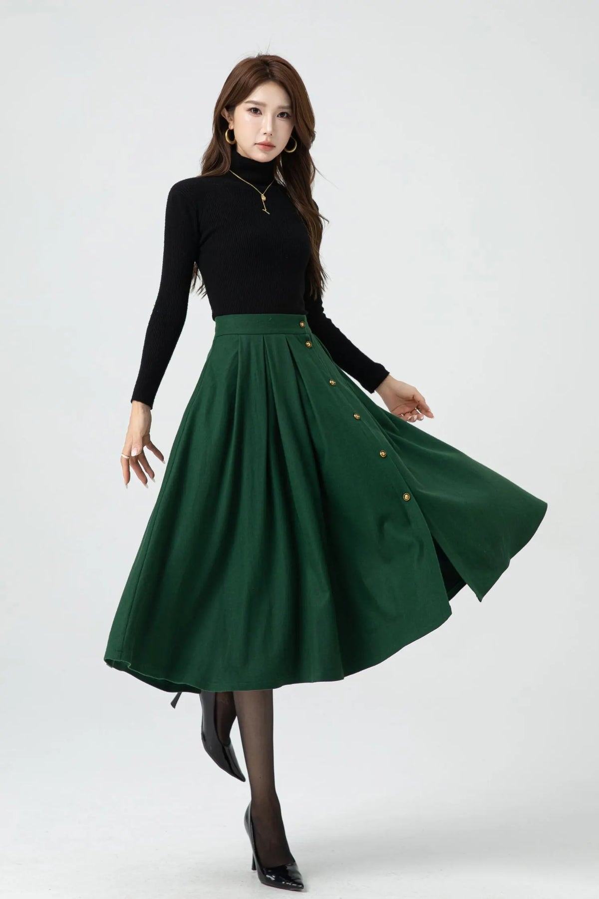Green Wool Midi Skirt - Button Front Pleated Circle Skirt 5322
