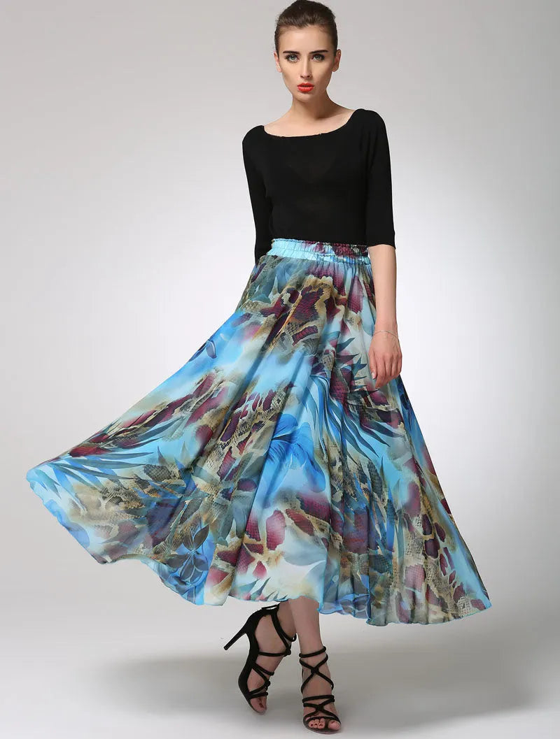 Abstract Print Chiffon Maxi Skirt for Women with Elastic Waist 