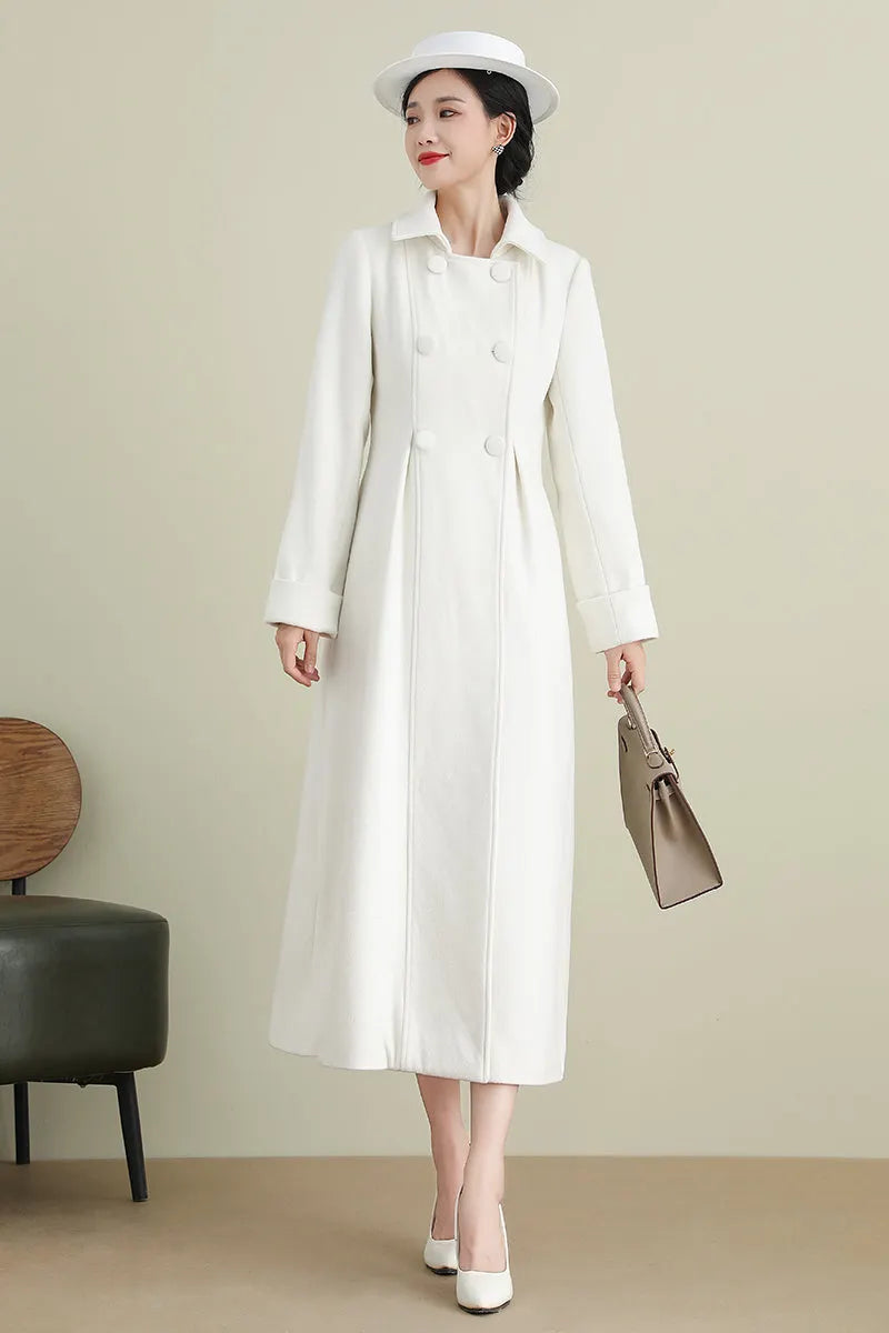 Xiaolizi White Long Wool Coat for Women – Handmade Double Breasted Winter Wedding Coat 3903