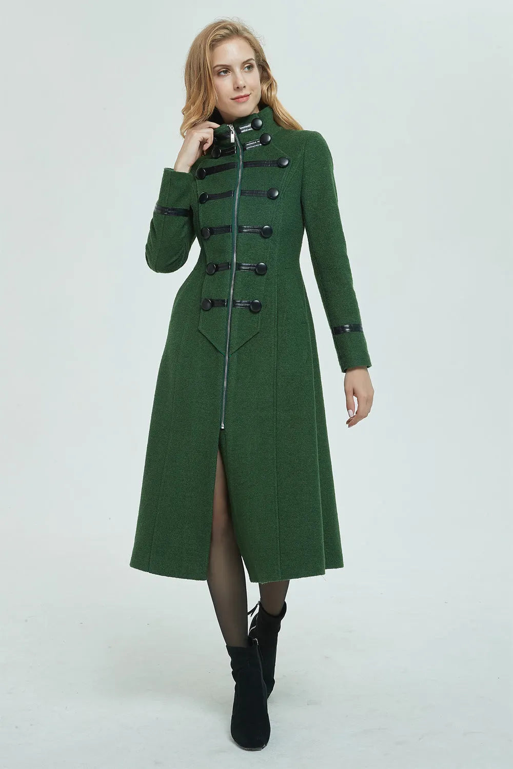 Vintage Wool Coat for Women – Handmade Green Military Style Long Winter Coat 