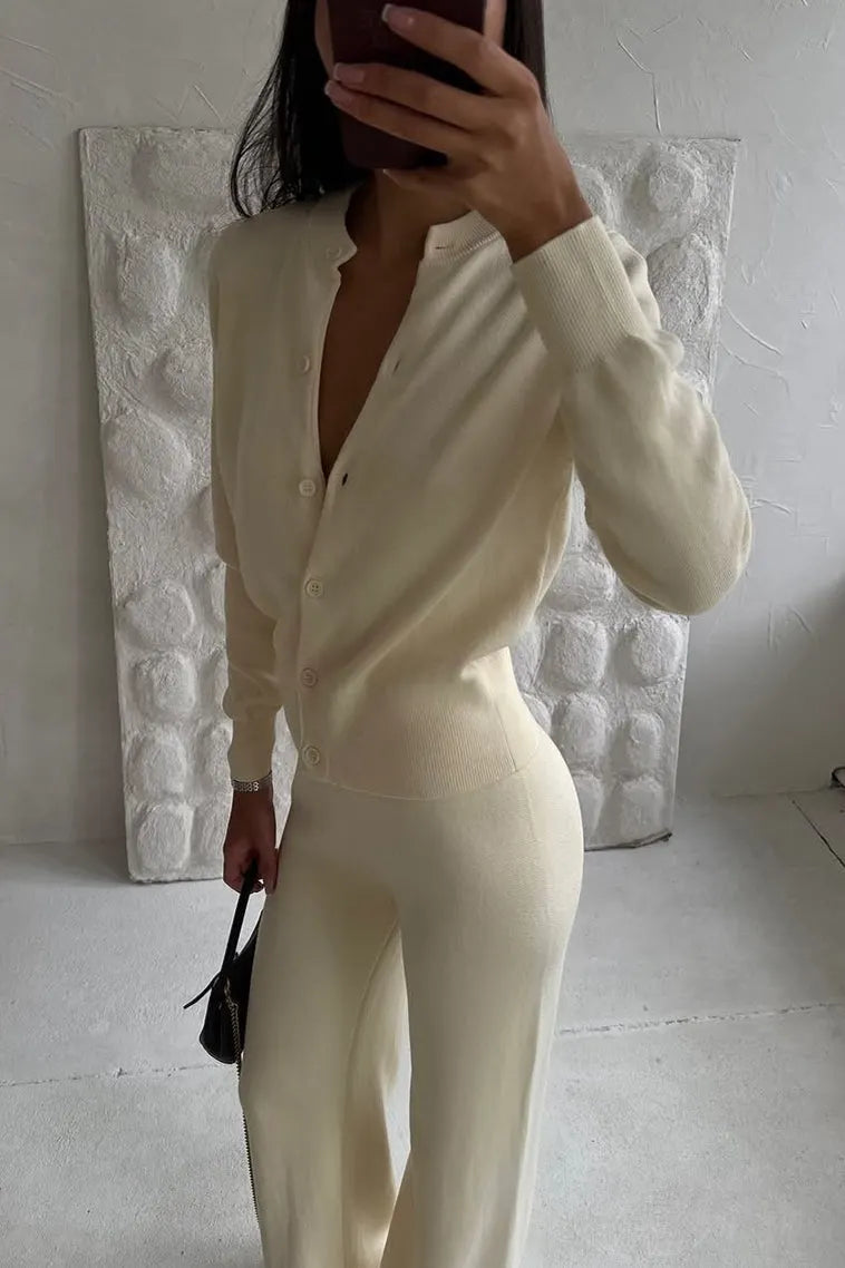 Solid Cardigan Wide Leg Pants Knit Set
