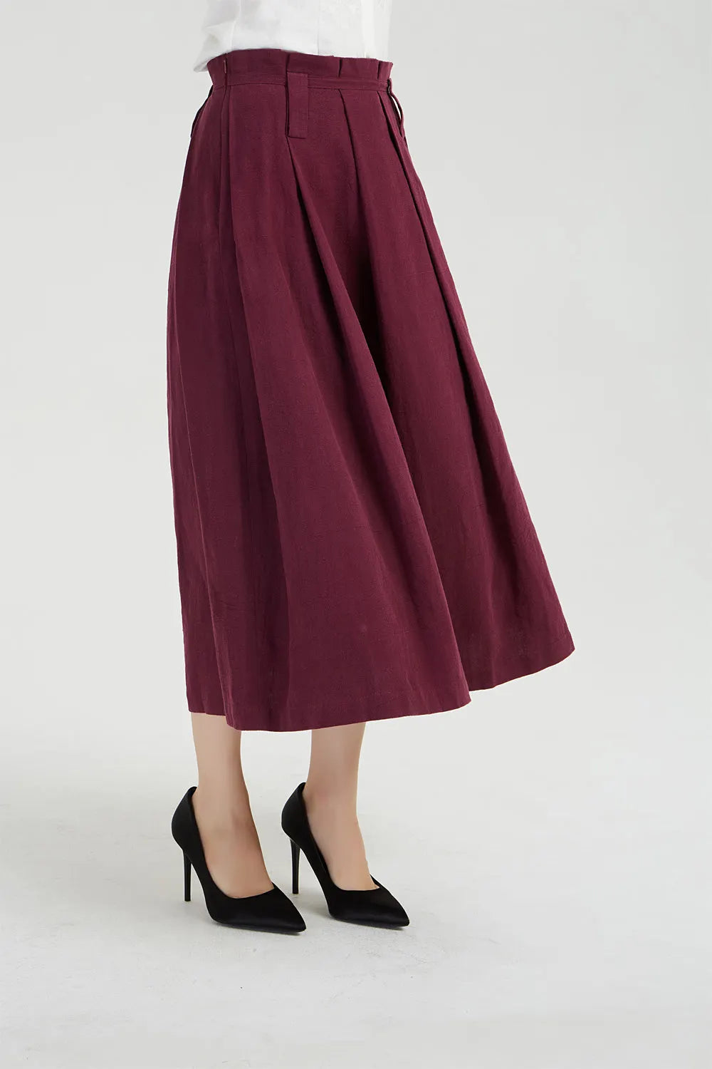 Burgundy Linen Midi Skirt - Pleated Paperbag Waist 2038