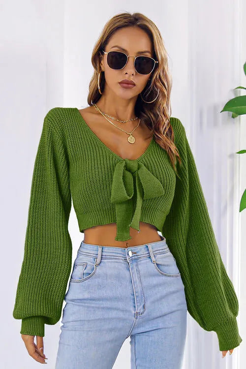 Long Cropped V-Neck Arm Sweater