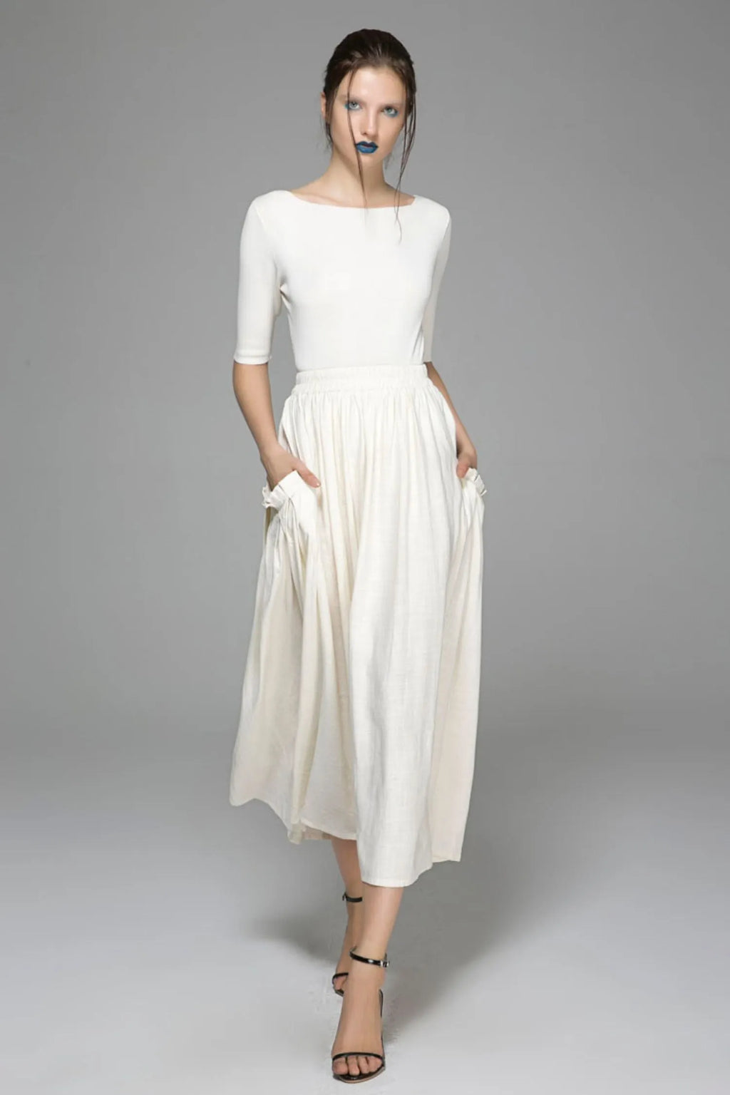 White Linen Cotton Maxi Skirt - Elastic Waist Big Pockets 
