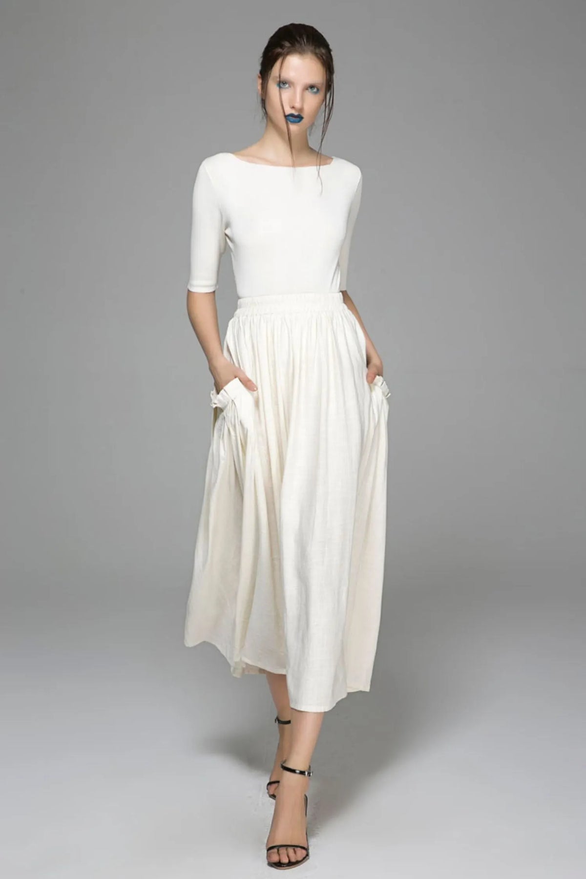 White Linen Cotton Maxi Skirt - Elastic Waist Big Pockets 