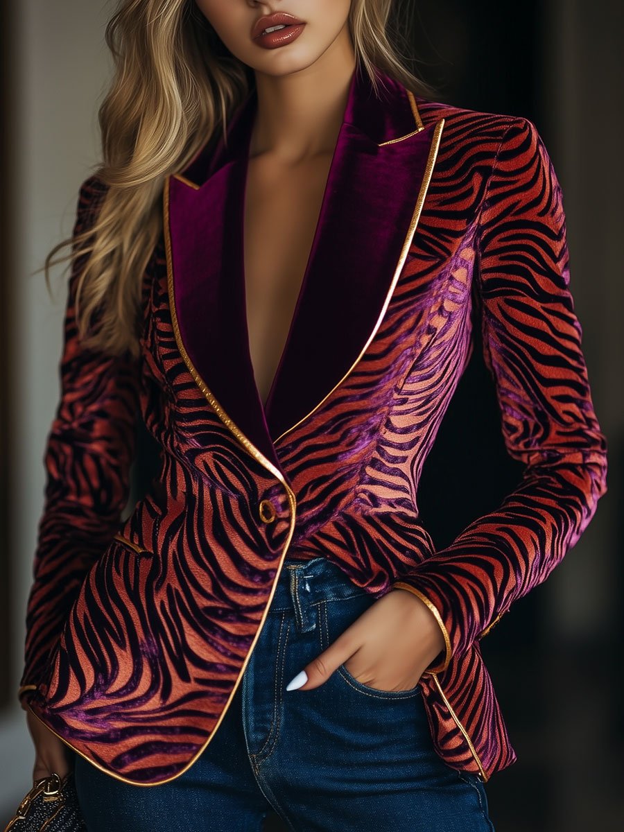 Casual Loose Vintage Velvet Zebra Pattern Gold Wire Striped Lapel Pocket Blazer