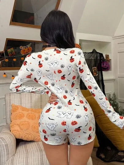Halloween Ghost & Pumpkin Knitted V-Neck Pajama Romper
