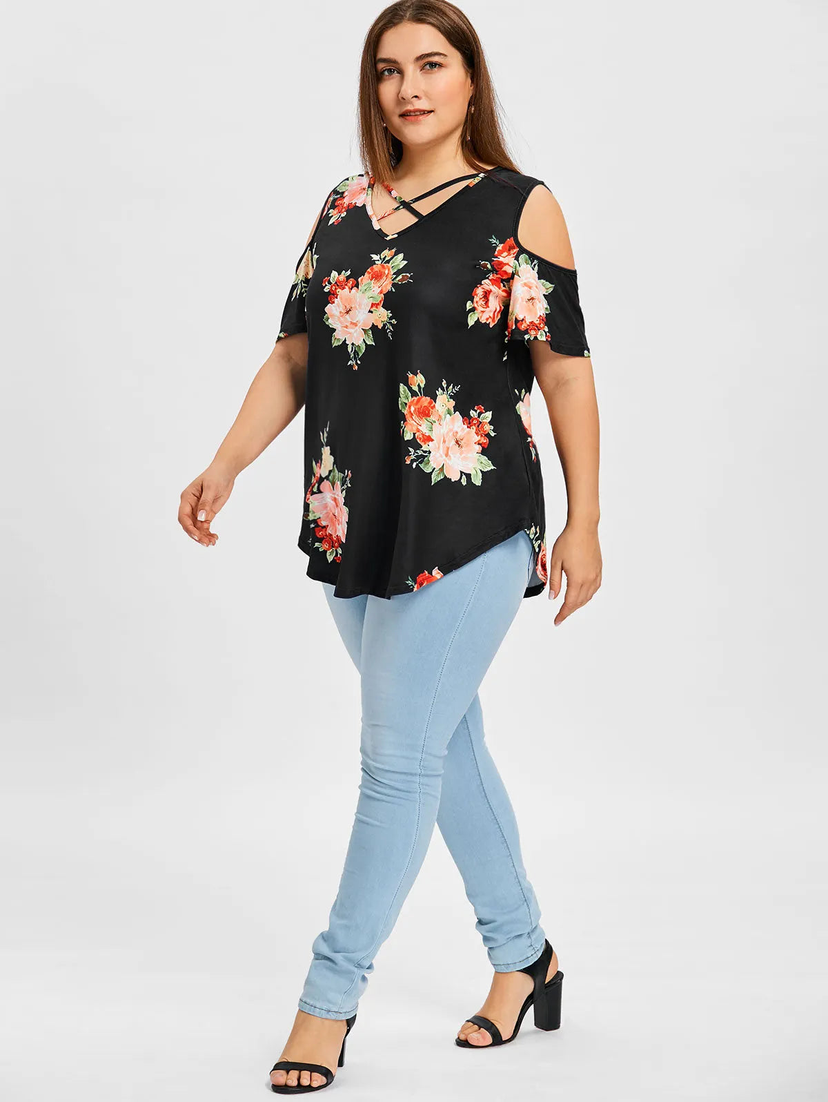 KittenAlarm - Plus v neck Cold Shoulder large floral plant print short sleeve tee top