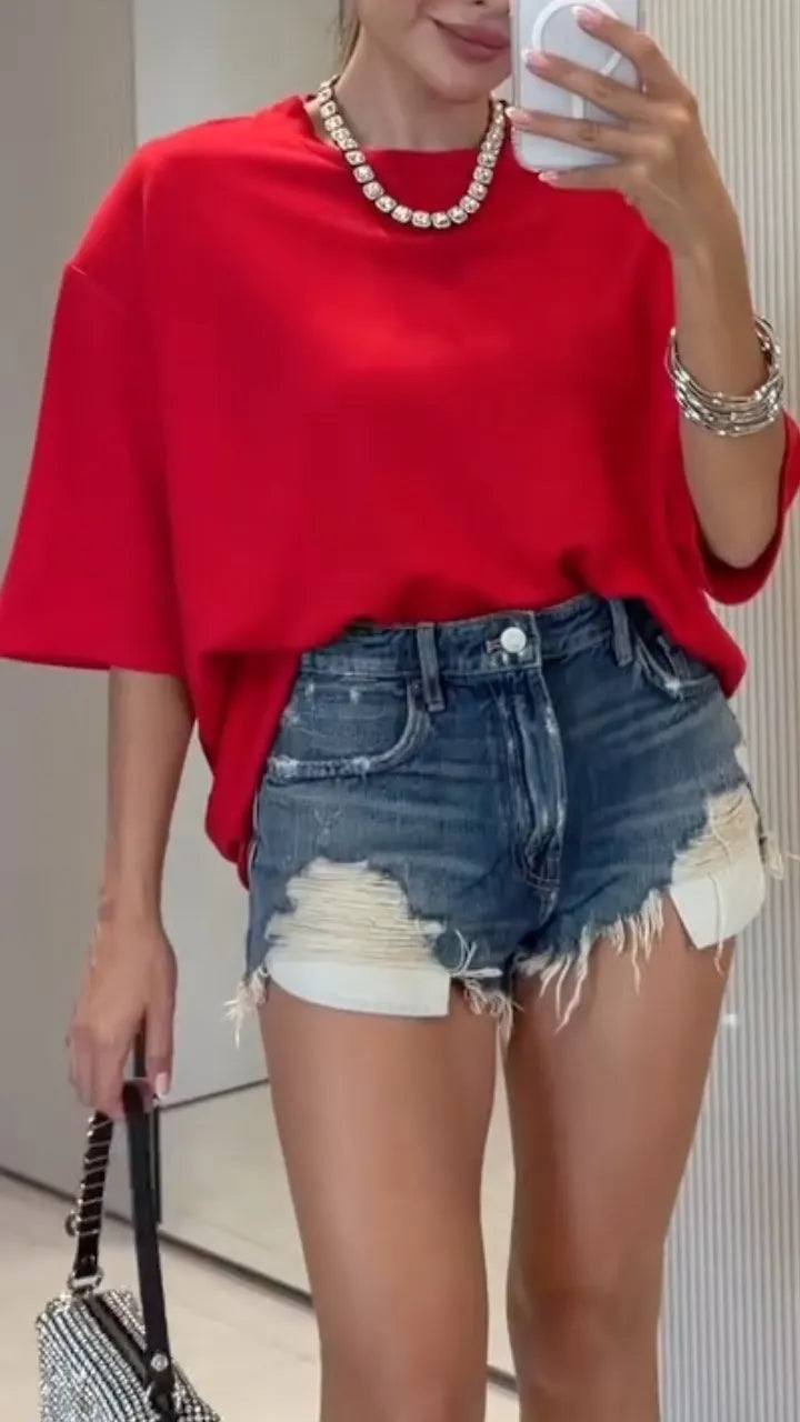Heart Rhinestone Cutout T‐Shirt & Denim Shorts