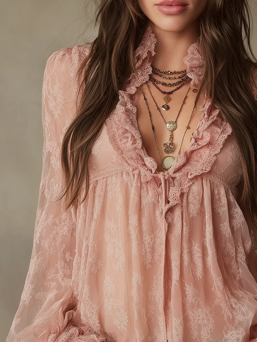 Romantic Blush Boho Sheer Ruffle Blouse