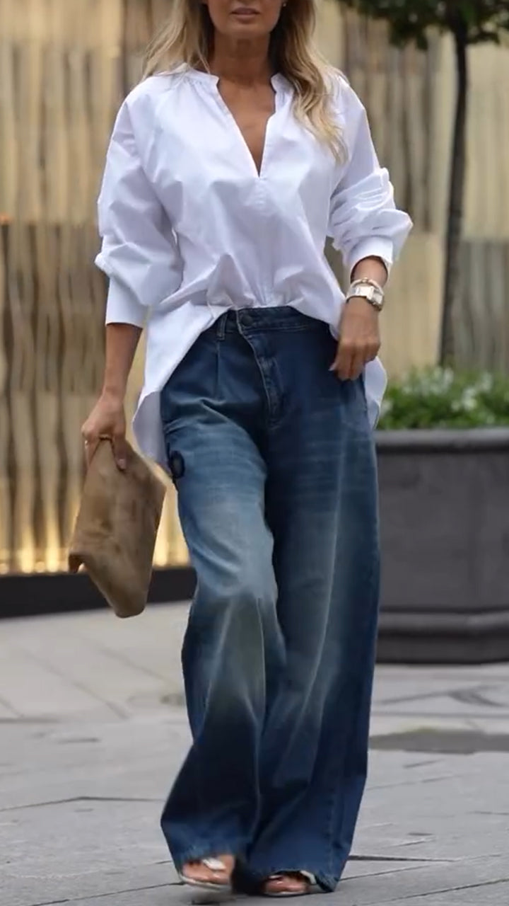 Women V-neck Shirt + Washed Jeans Casual Set