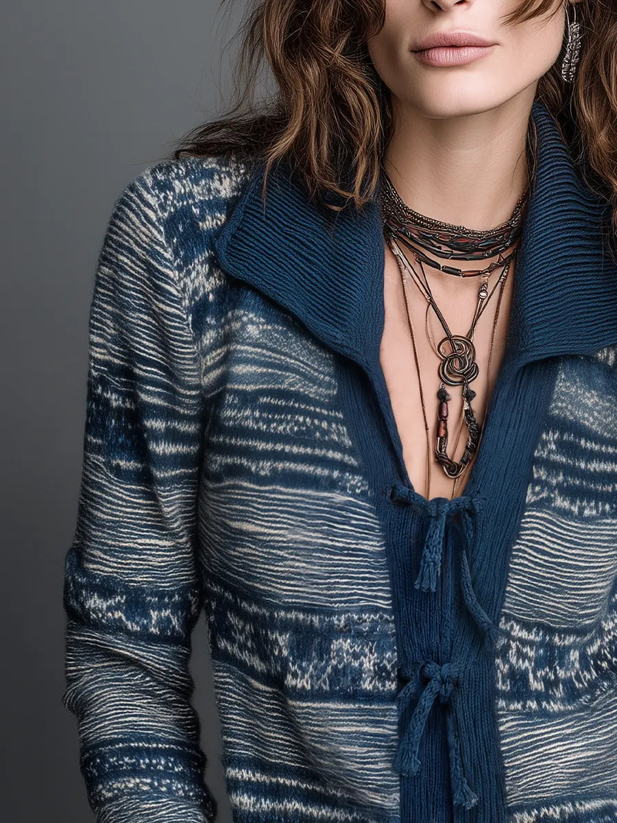 Artisan Navy Blue Tie-Front Patterned Knit Cardigan