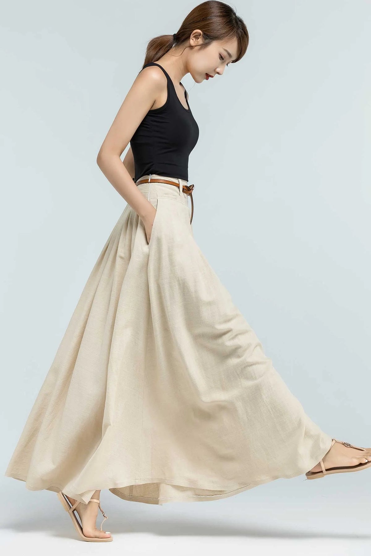 Handmade Linen Maxi Skirt – Beige Pleated Swing Long Skirt with Pockets 