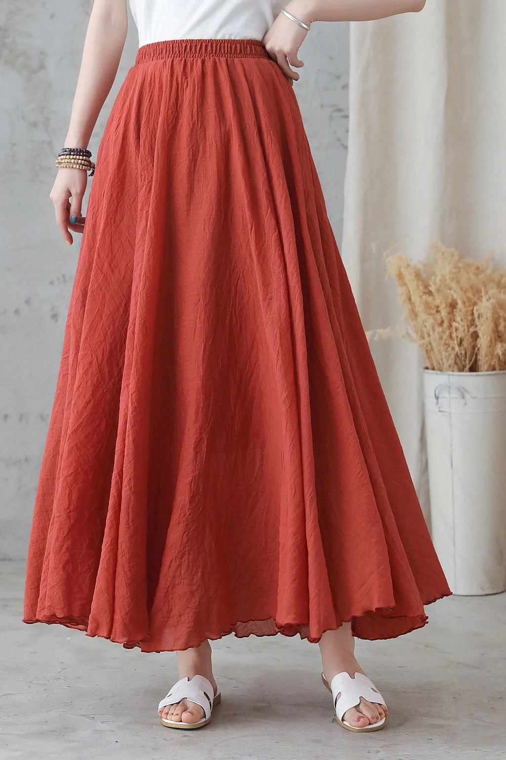 Boho Linen Maxi Skirt, Pleated Elastic Waist 