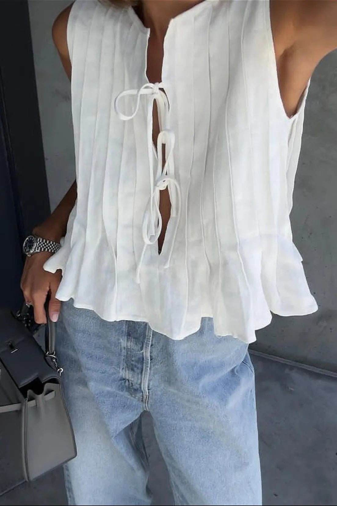 Solid Ruffled Tie Linen Cotton Shirt Tank Top