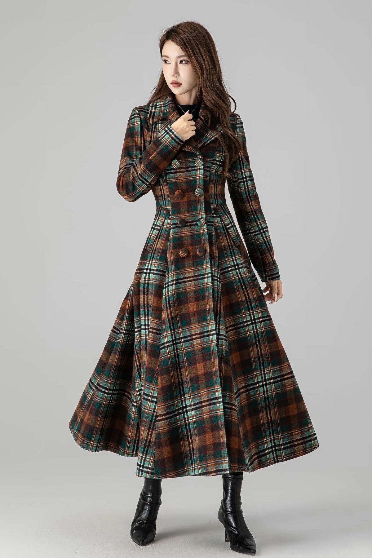 Brown Wool Fit-and-Flare Long Coat - Double-Breasted Plaid 4510