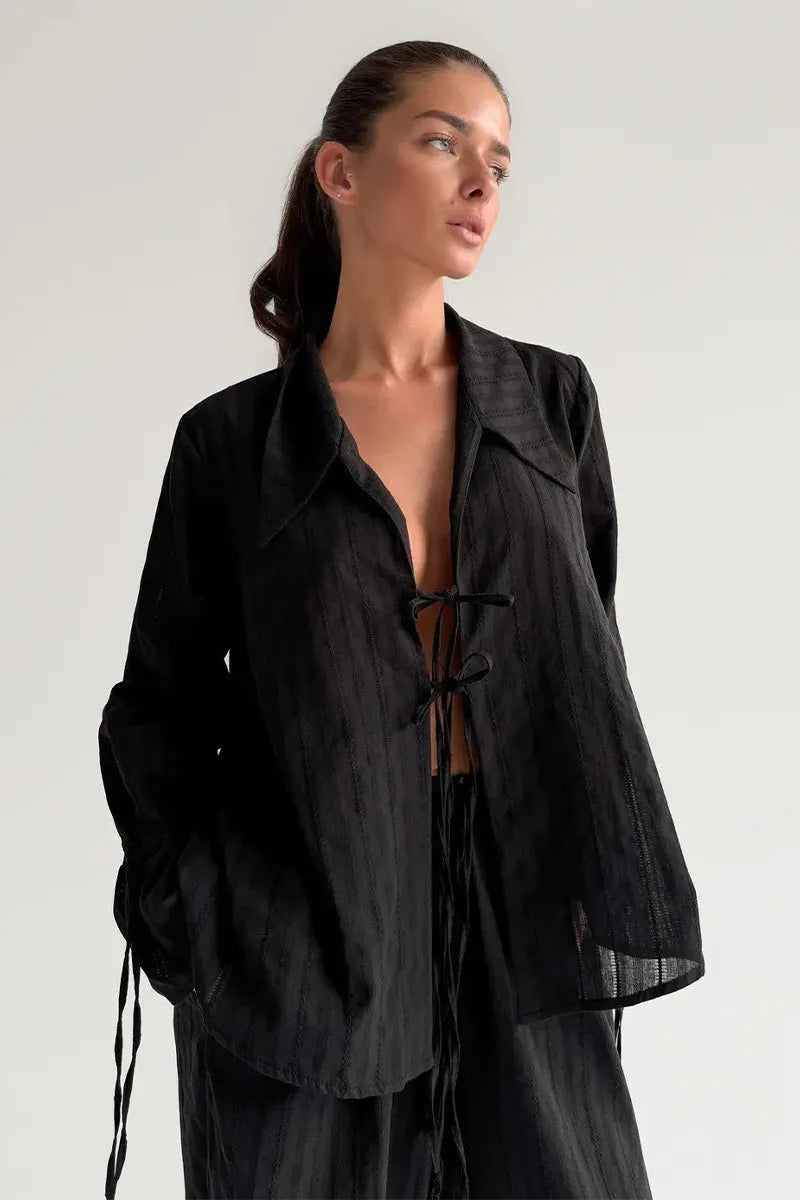 Collared Tie Front Sheer Shirt Pants Set