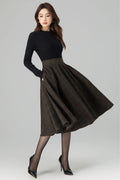 Brown Wool Midi Skirt - High-Waisted Wide Waistband Circle Silhouette 6396