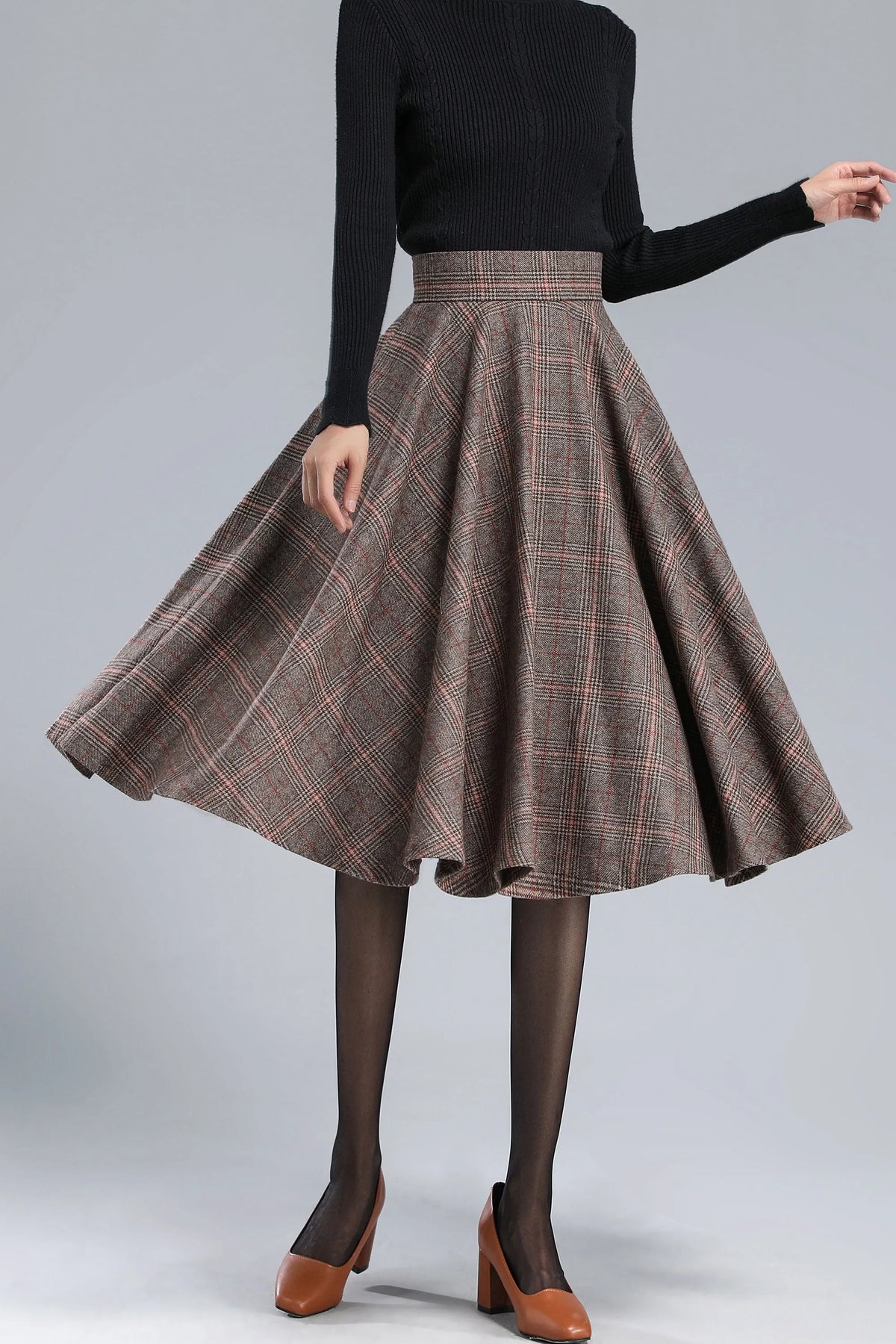 Wool Blend Plaid Skirt – A-Line Pleated Midi Skirt with Back Zipper 3167