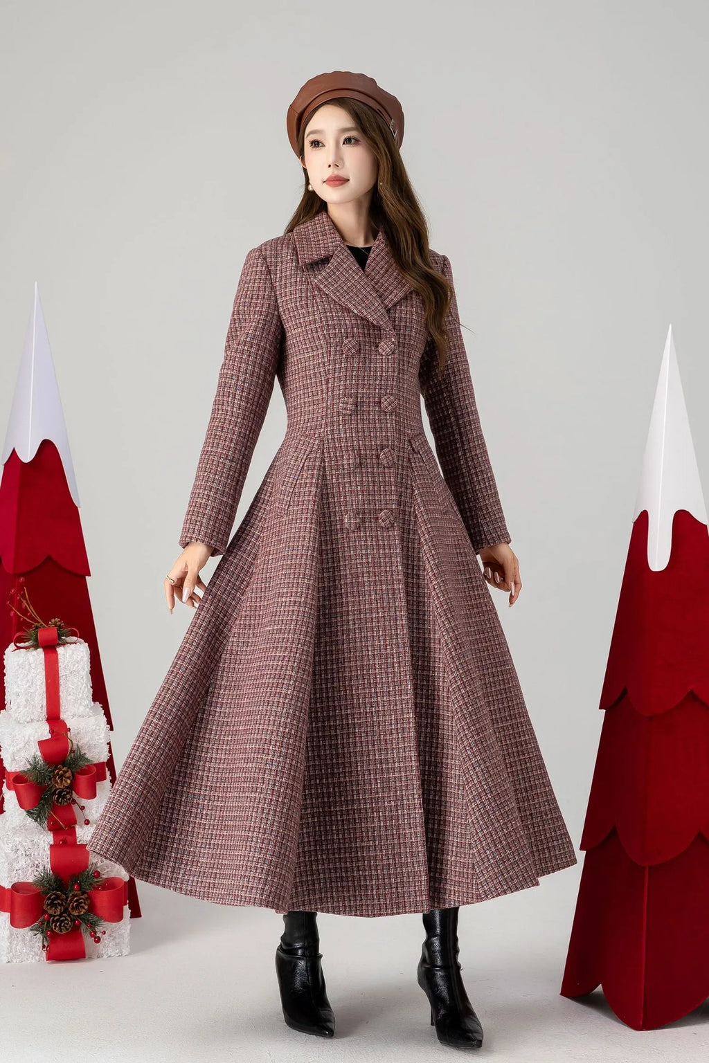 Plaid Wool Coat Maxi - Fit and Flare Double Breasted 4614