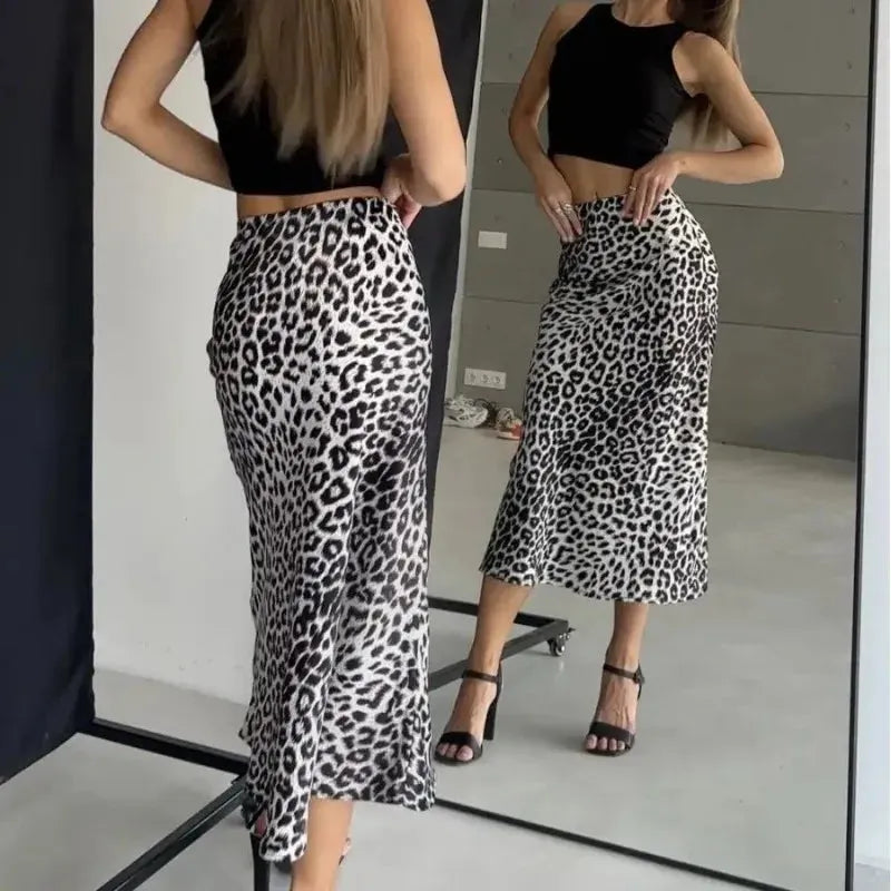 Sexy Vintage Fashion Leopard Print Satin A-Line High Waist Maxi Skirt
