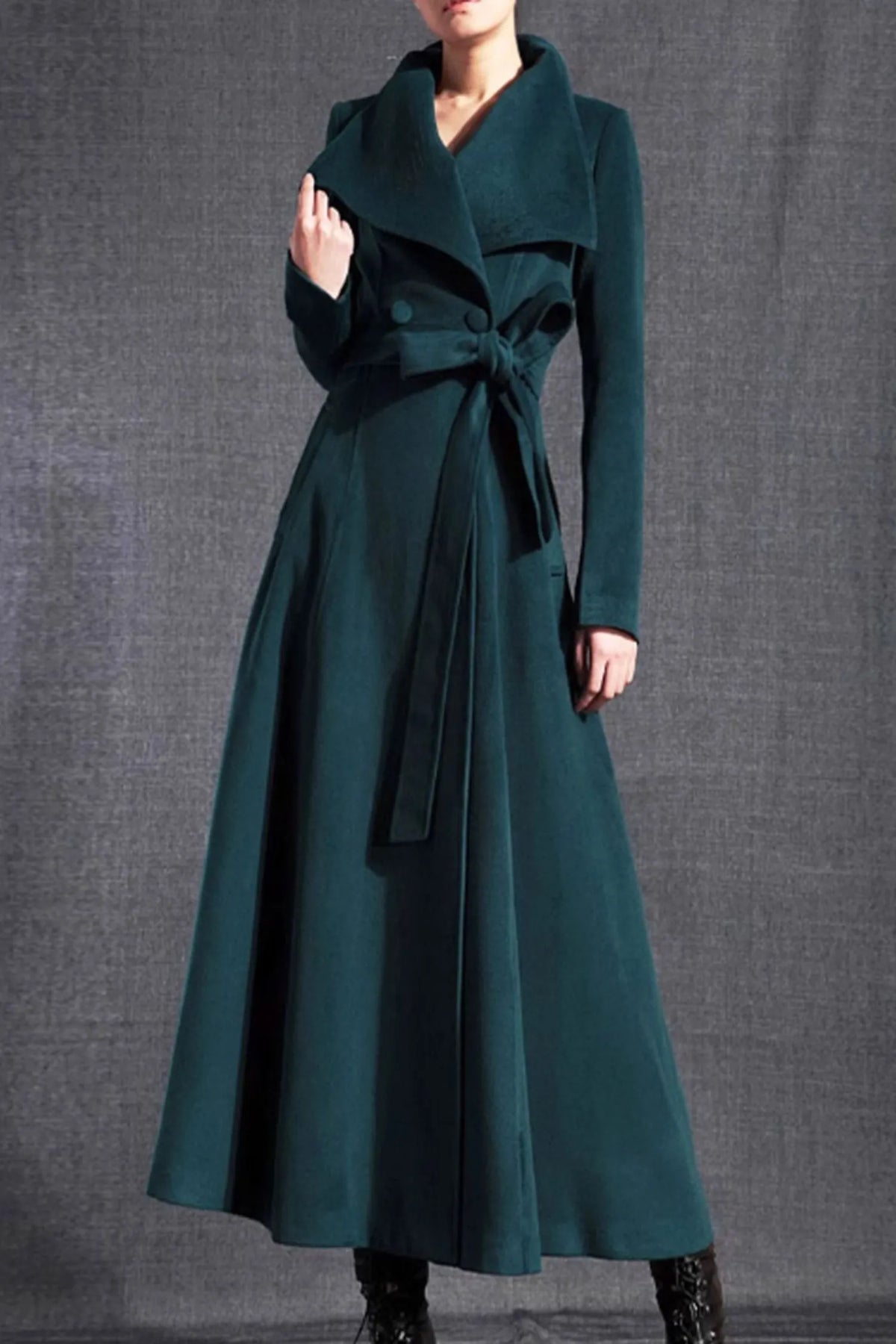 Dark Green Wool Long Coat - Double Breasted with Tie Belt 4712