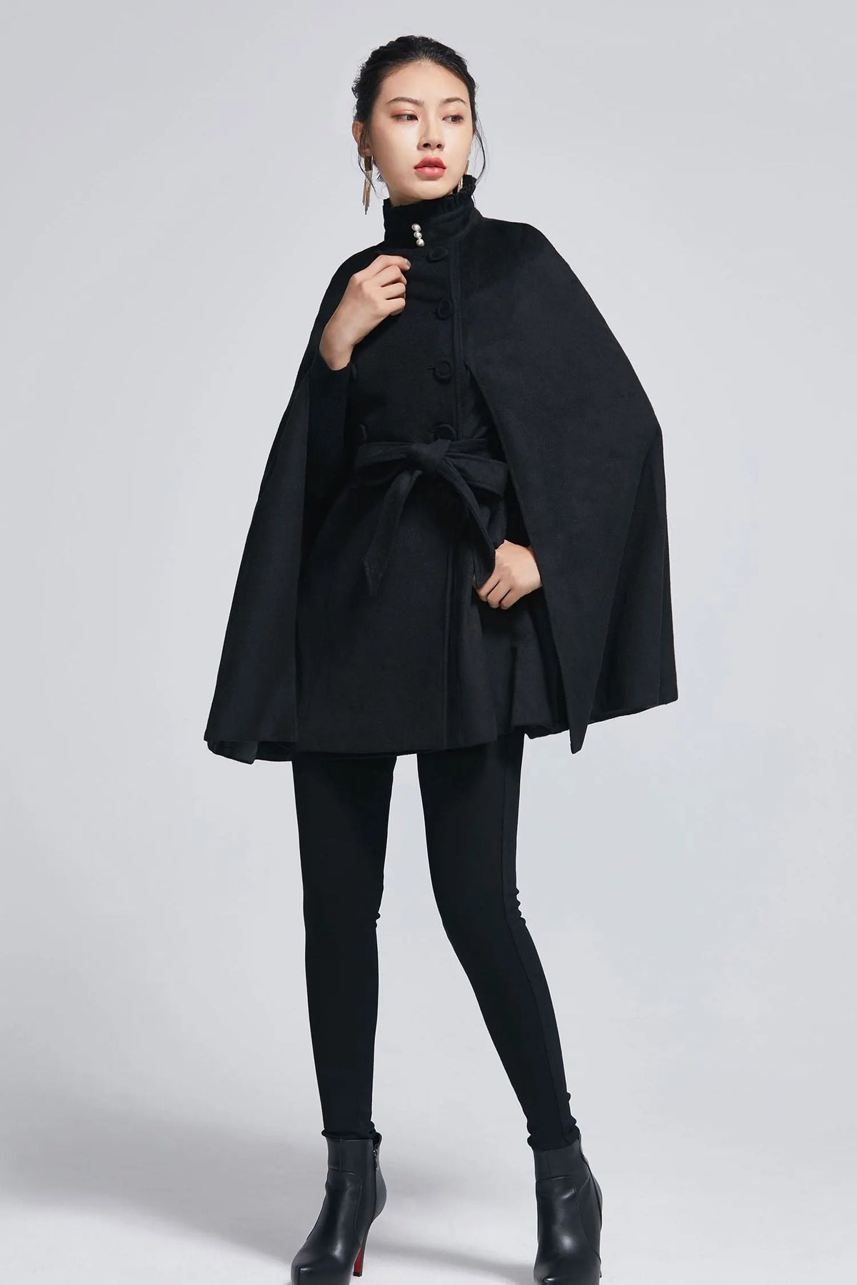 Black Wool Cape Coat - Stand Collar with Ruffle Accents 2278