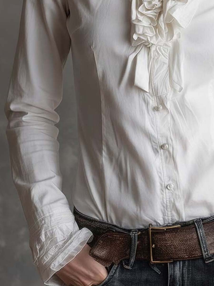 Vintage-Inspired White Ruffle Trim Blouse