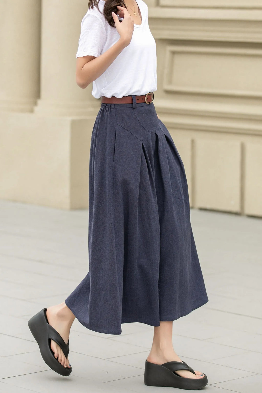 Dark Blue Linen Cotton Midi Skirt - A-Line with Pockets 4943