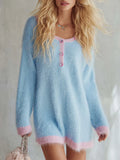 Comfortable Lazy Round Neck Front Button Light Blue Faux Rabbit Fur Knit Mini Dress