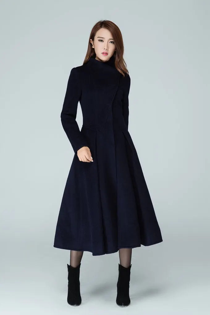 Classic Navy Wool Blend Coat – High Collar & Flowing Midi Silhouette 1605