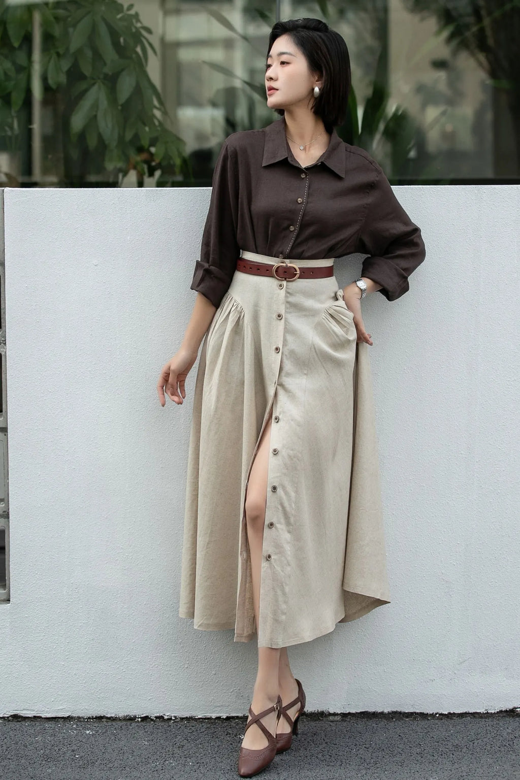 Beige Linen Midi Skirt – High Waist A-Line Button Front Skirt 6666 -Size xs #CK2600002