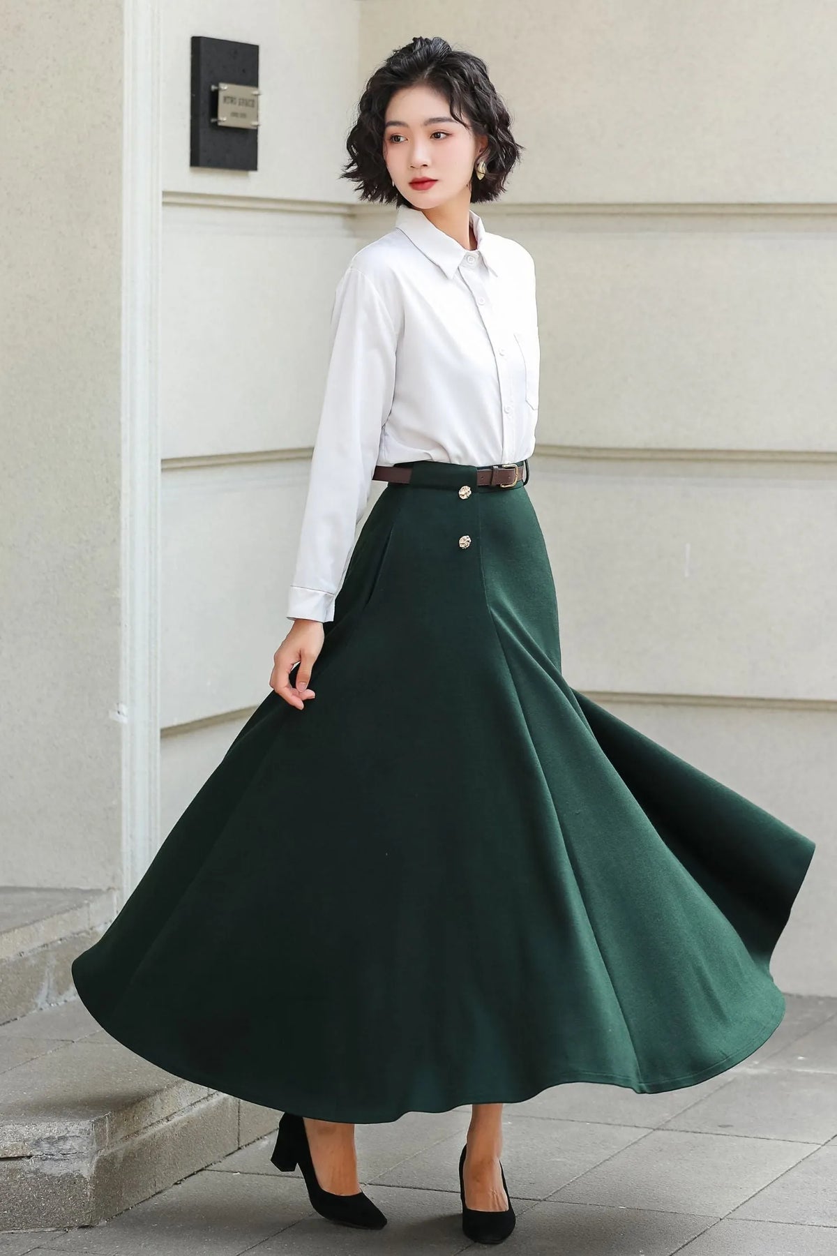 Dark Green Wool A-Line Ankle-Length Skirt - Flowy Elegant Winter Style 6976