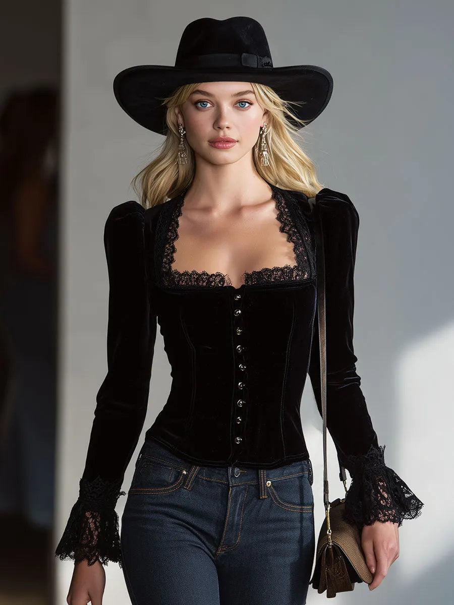 Stylish And Elegant Vintage Lace And Black Velvet Shirt